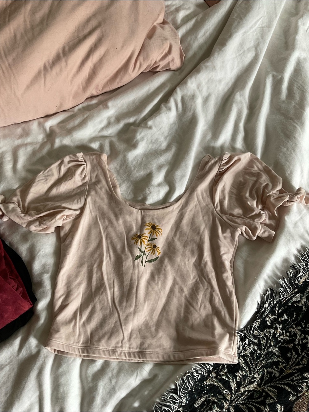 Light Pink Puff-Sleeve Cropped Top with Yellow Floral Embroidery